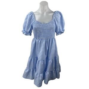 Dokuritu Blue Checkered Short Puff Sleeve Tiered Smocked Mini A-Line Dress Sz M
